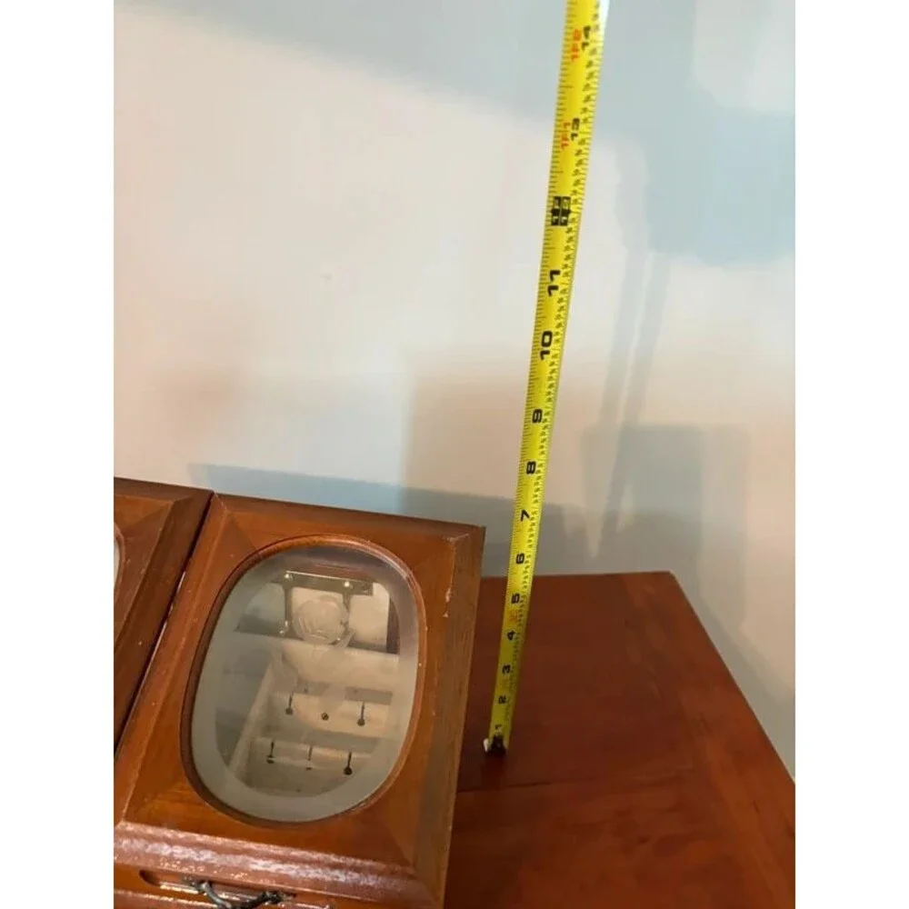 Vintage Wood Jewelry Box Double Etched Glass Rose Lids